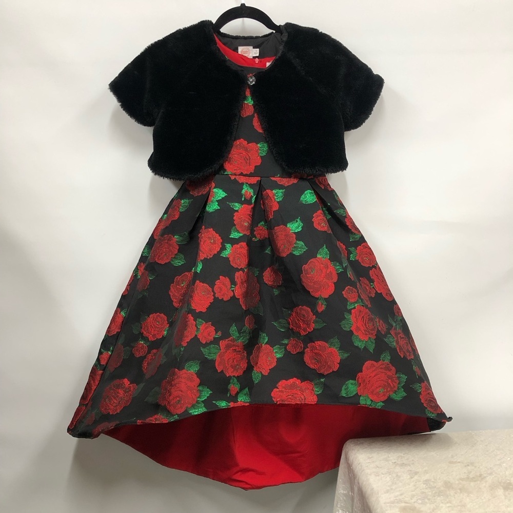 Rose Formal Dress w/black faux fur shrug girls size 12